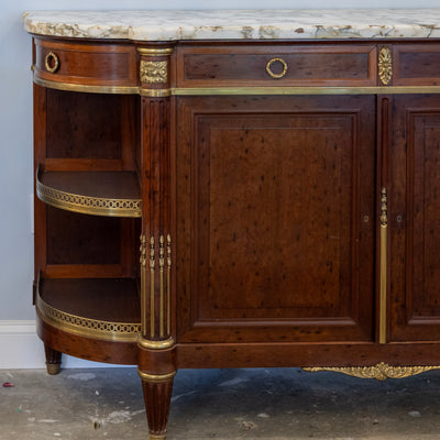 Louis XVI Burl Walnut Demilune Sideboard – Calacatta Vagli Oro Marble Top & Bronze Ormolu