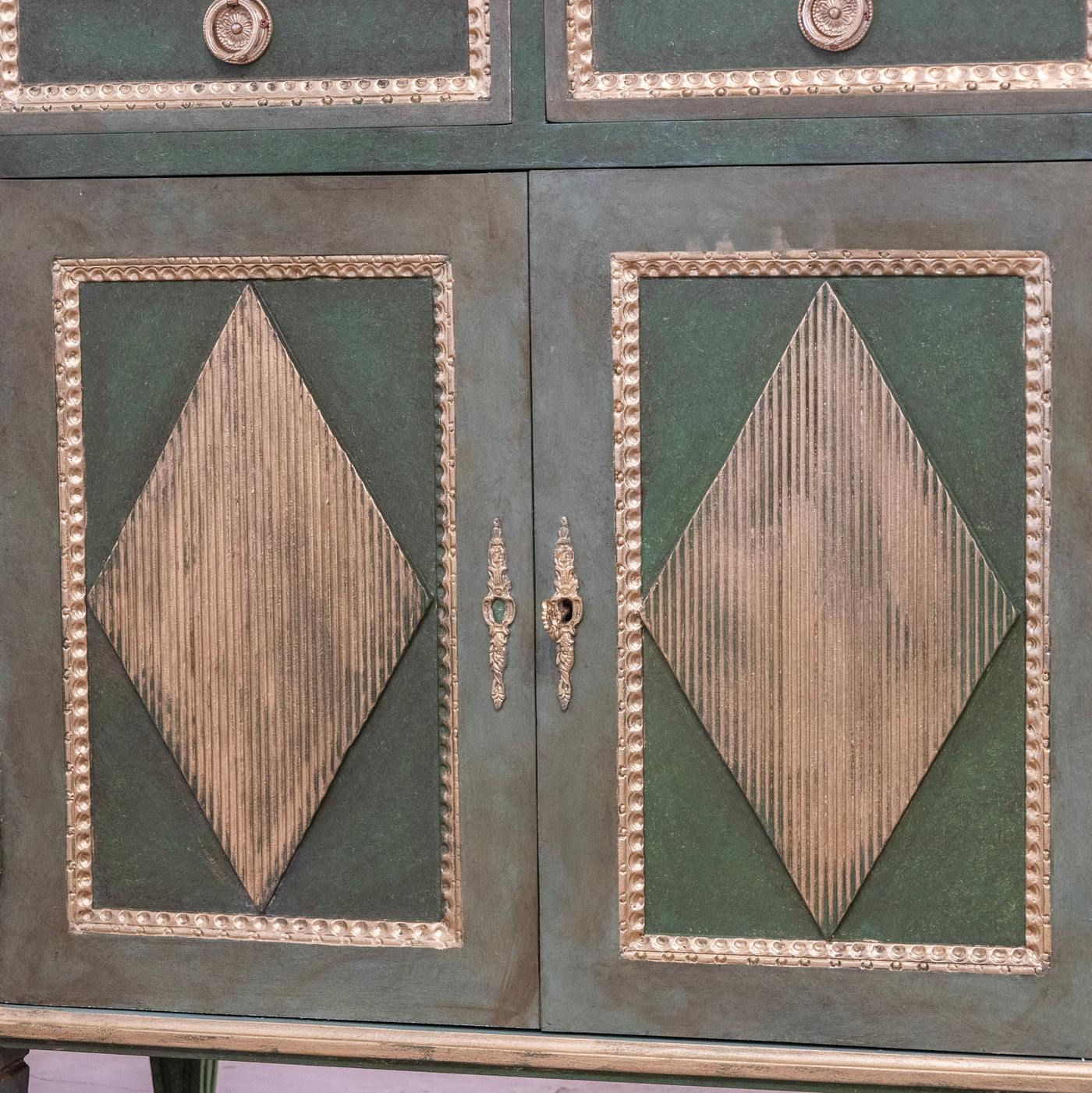 Swedish Painted Ten Drawer Sideboard – Green with Gold Diamond Panels & Trim