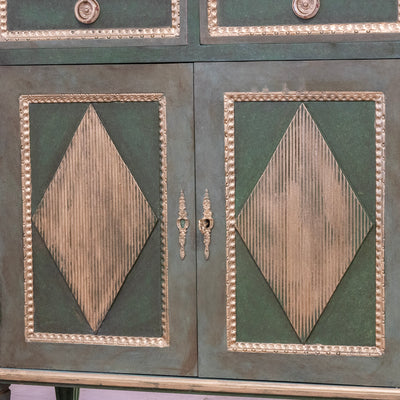 Swedish Painted Ten Drawer Sideboard – Green with Gold Diamond Panels & Trim