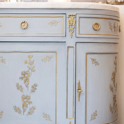 Louis XVI Blue Hand Painted Sideboard – Gilded Floral Detailing & White Marble Top