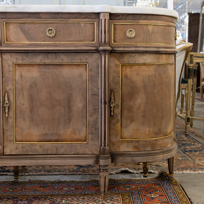 Louis XVI Demilune Sideboard – Stripped Burl Wood with White Marble Top