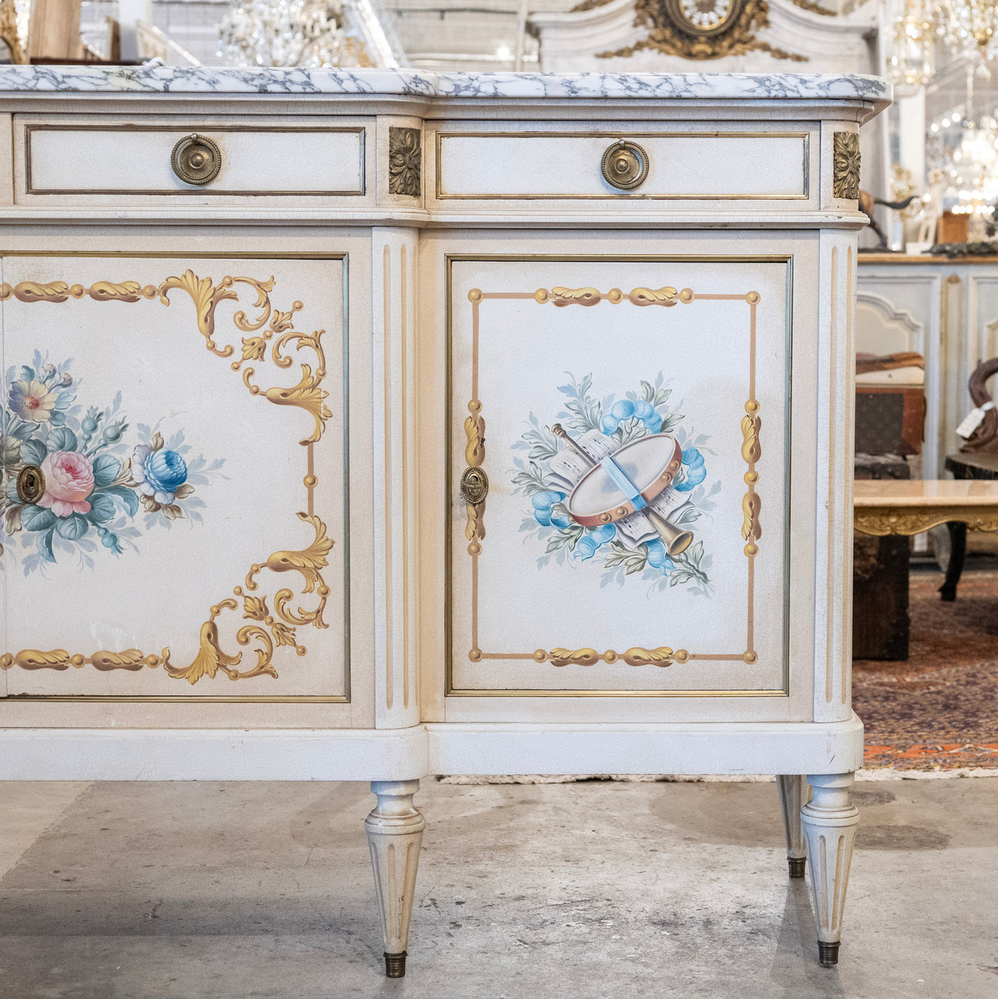 French White Hand-Painted Sideboard – Crackle Finish & Original Marble Top