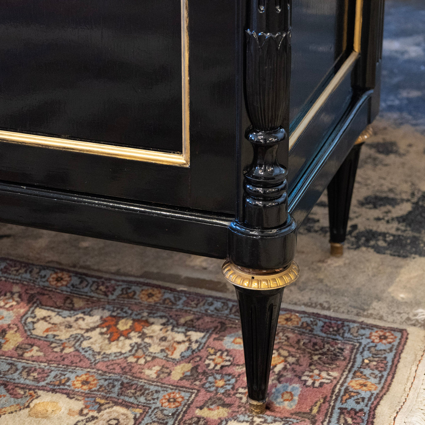 Louis XVI Black Lacquer Sideboard – Gold Inaly & White Marble Top