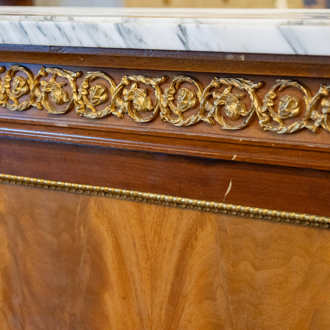 Louis XVI Mahogany Demilune Sideboard – Bronze Laurel Trim & White Marble Top