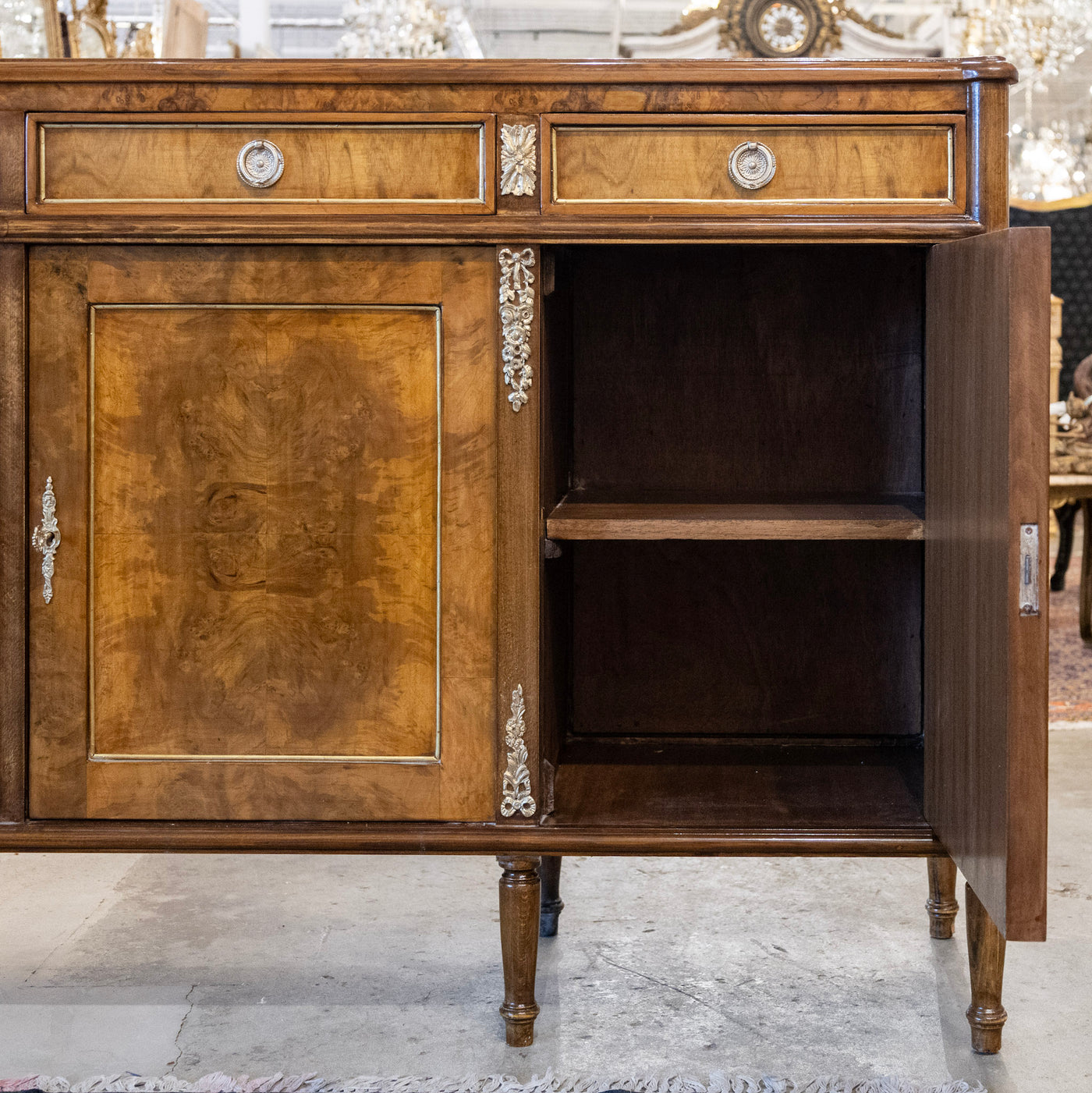 Louis XVI Burl Wood Sideboard with Brass Hardware