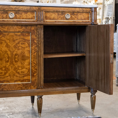 Louis XVI Burl Wood Sideboard with Brass Hardware & White Marble Top