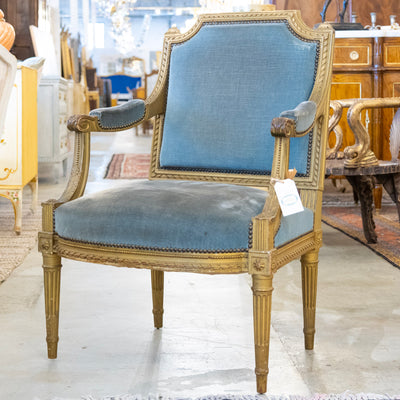 Louis XVI Captain Chair in Blue – Gilded Frame & Original Patina