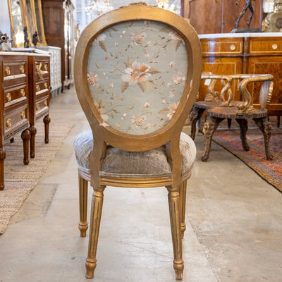 Louis XVI Round Dining Chair – Gold Frame & Green Velvet and Floral Upholstery