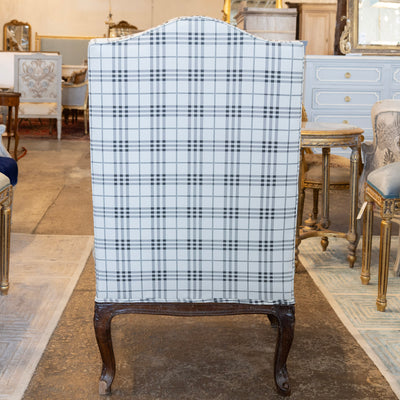 Louis XV Armchair – Walnut Frame & Black Plaid Upholstery