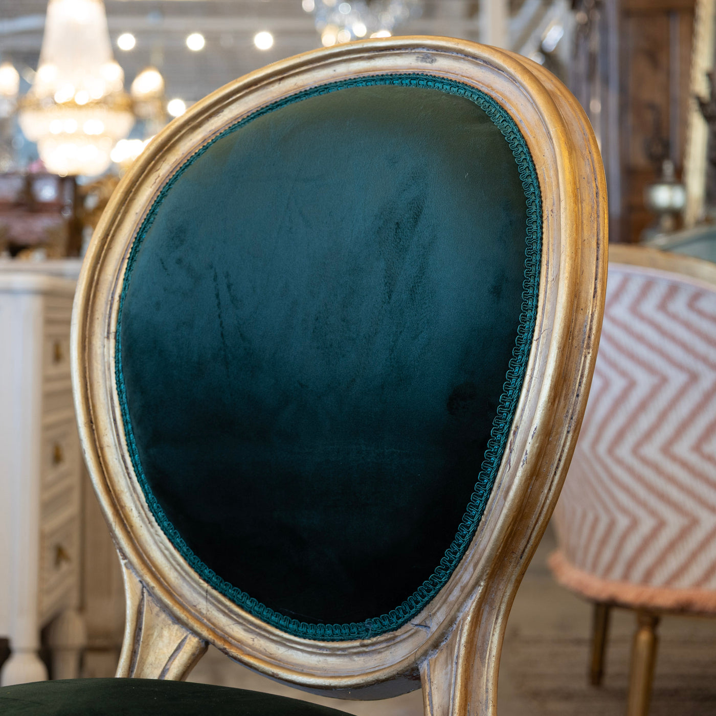 Louis XVI Dining Chair – Gilded Frame & Dark Green Velvet Upholstery