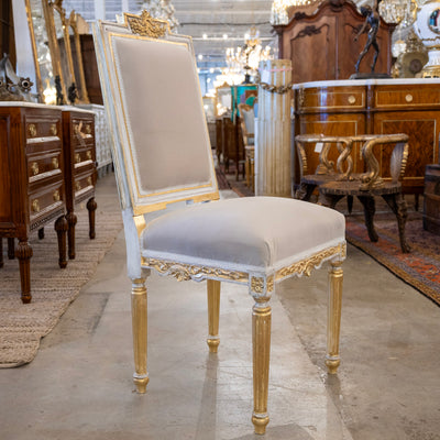 Louis XVI Dining Chair – White and Gold Detailing & Grey Velvet Upholstery