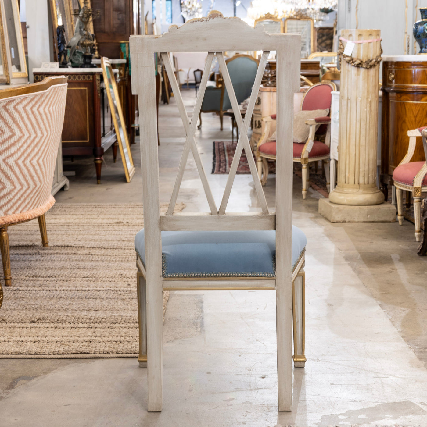Louis XVI Dining Chair – Carved Open Back & Blue Velvet