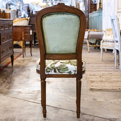Pair of Louis XVI Side Chairs – Carved Brown Frame & Floral and Green Velvet Upholstery