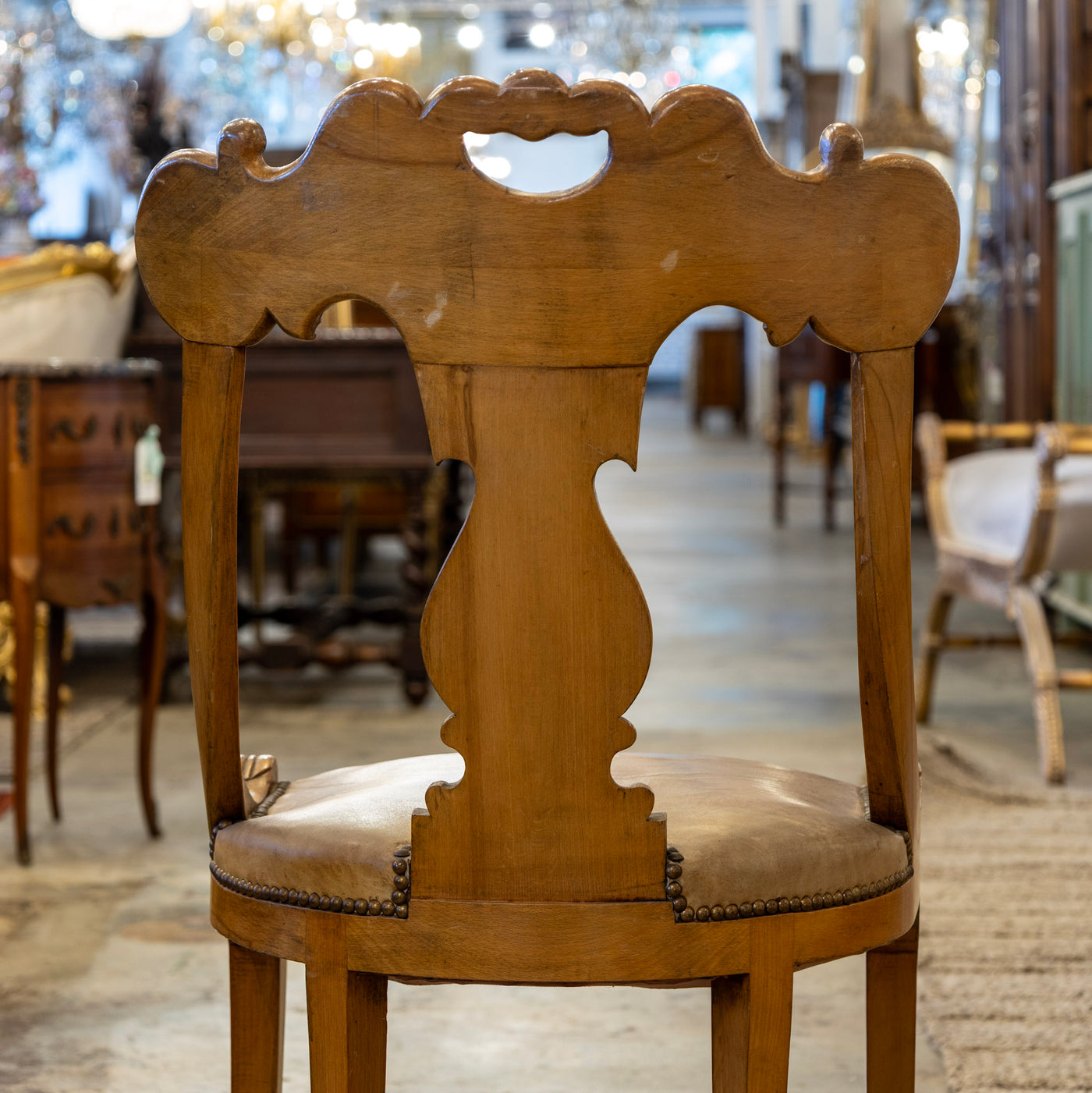 Biedermeier Dining Chair – Carved Scroll Back & Original Leather Seat