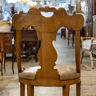 Biedermeier Dining Chair – Carved Scroll Back & Original Leather Seat