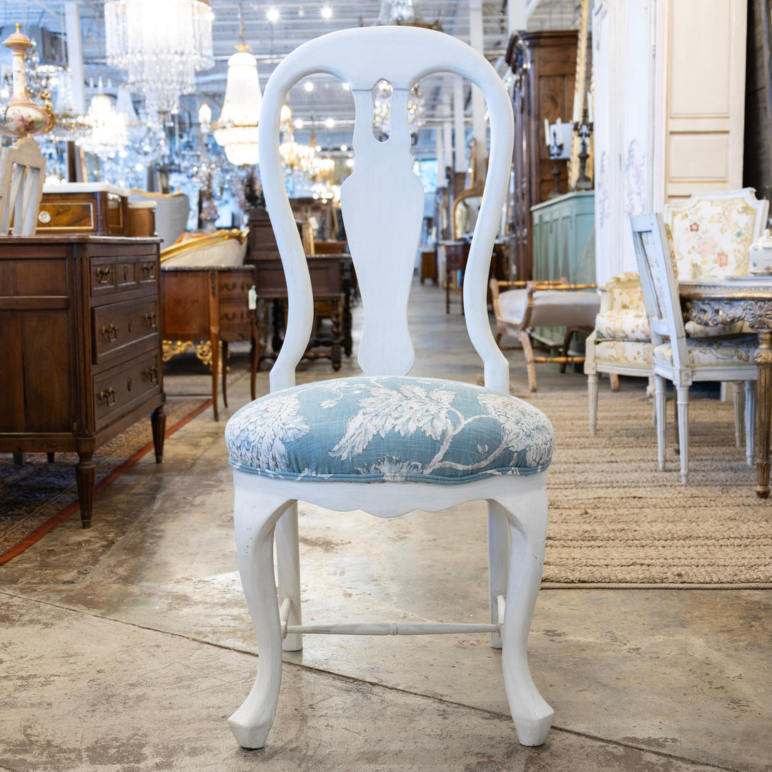 Swedish Dining Chair – Dove White with Blue Floral Upholstery