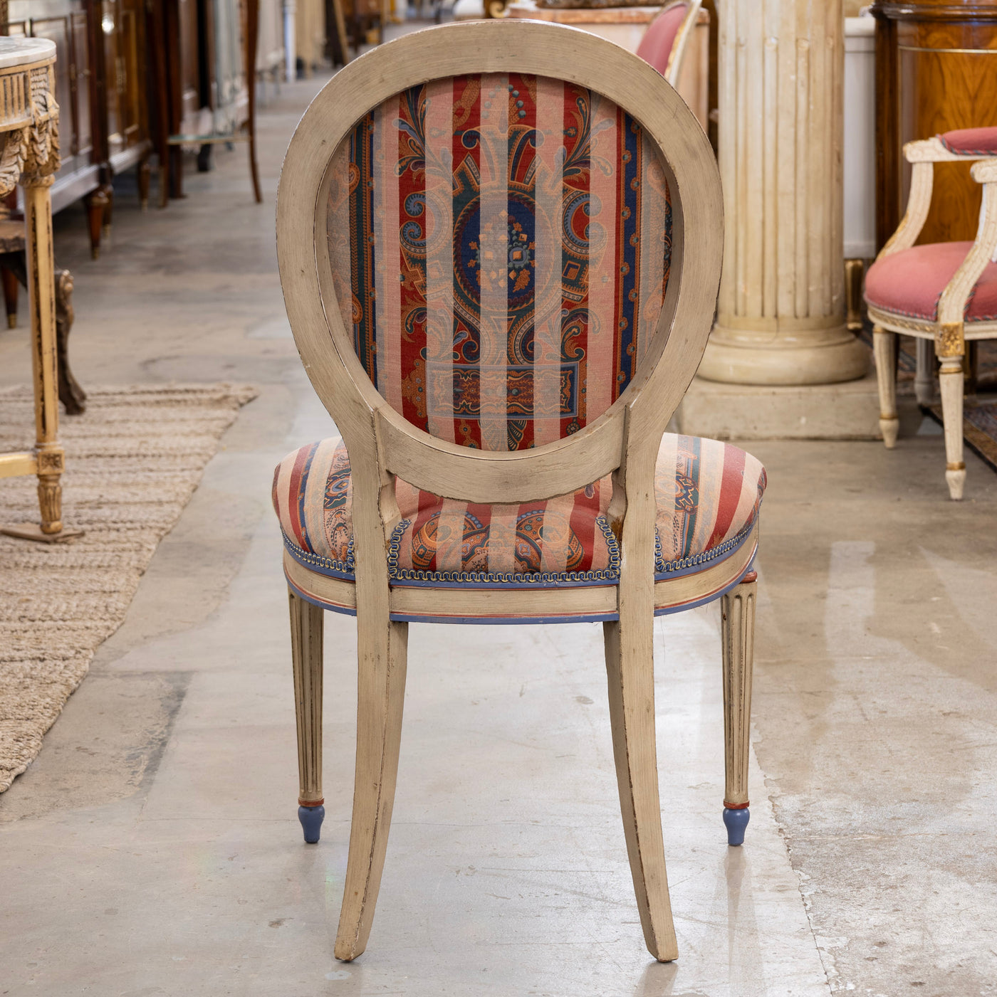 Pair of Louis XVI Accent Chairs – Blue and Red Painted Frames with Striped Upholstery