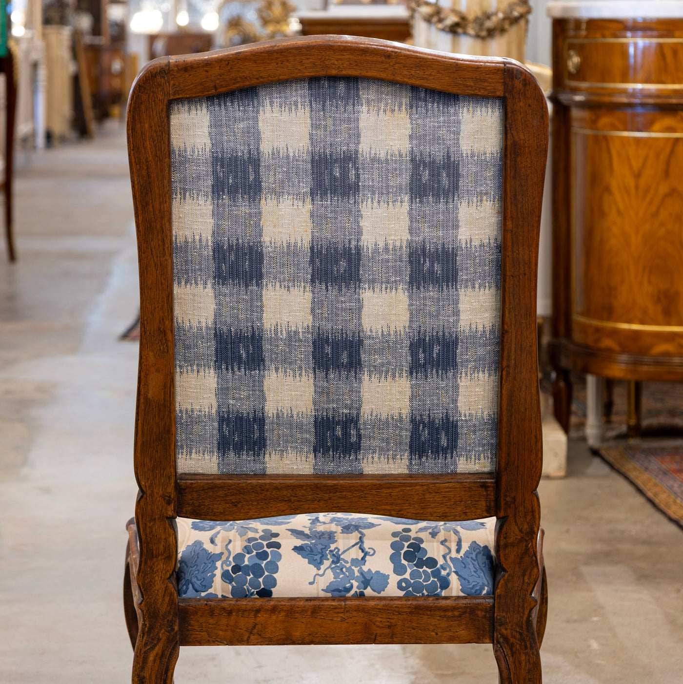 Pair of Louis XV Accent Chairs – Brown Frame with Blue & Cream Mythological Upholstery