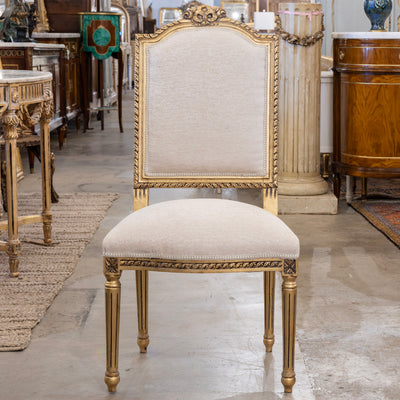 Louis XVI Dining Chair – Gilded Frame with White Linen Upholstery and Bow Detail