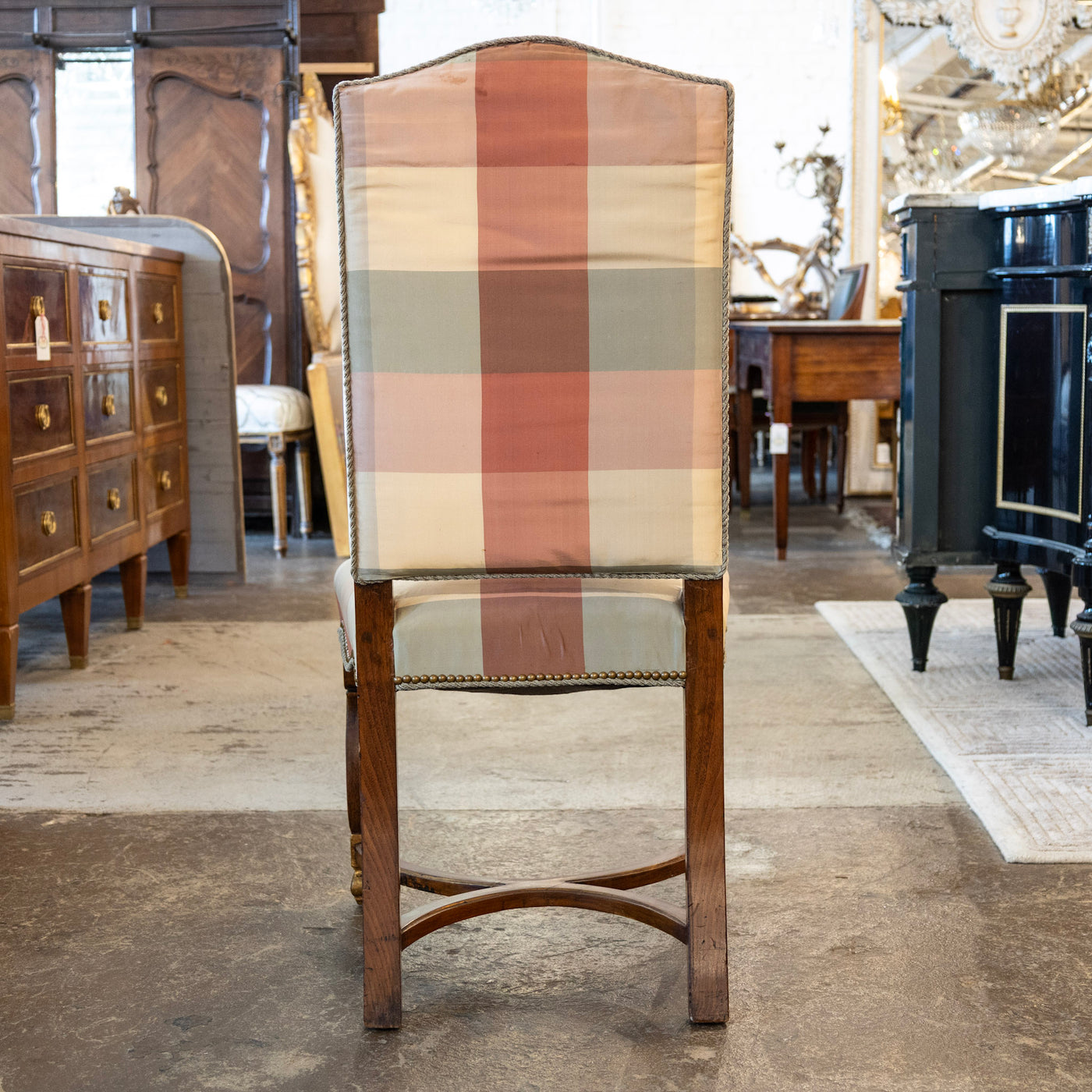 Pair of Louis XVI Accent Chairs – Gilded Details & Plaid Upholstery
