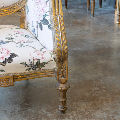 Louis XVI Gilded Bergère Chair – Chinoiserie Floral Linen & Green Velvet Upholstery