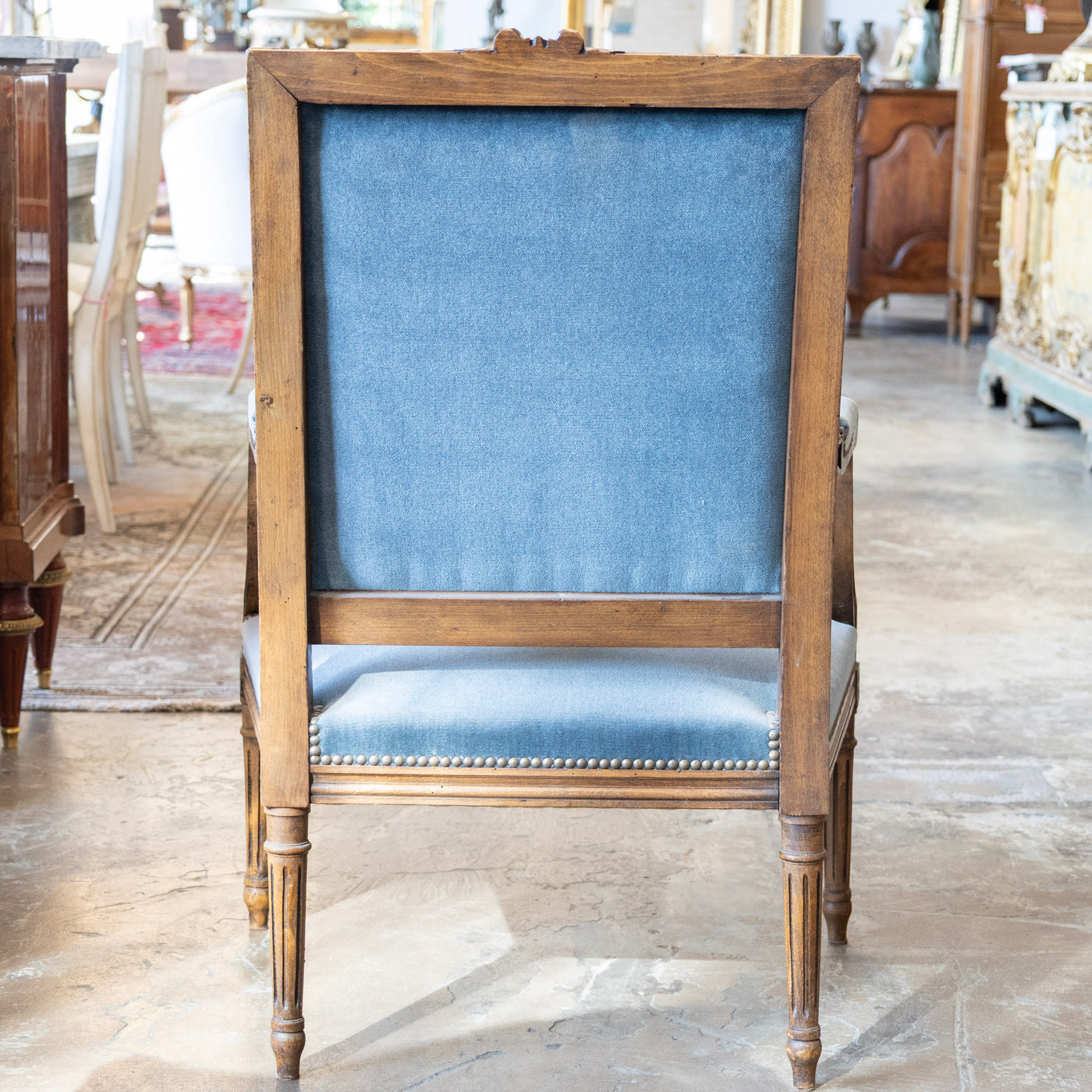 Louis XVI Carved Armchair – Wood Frame with Blue Velvet Upholstery