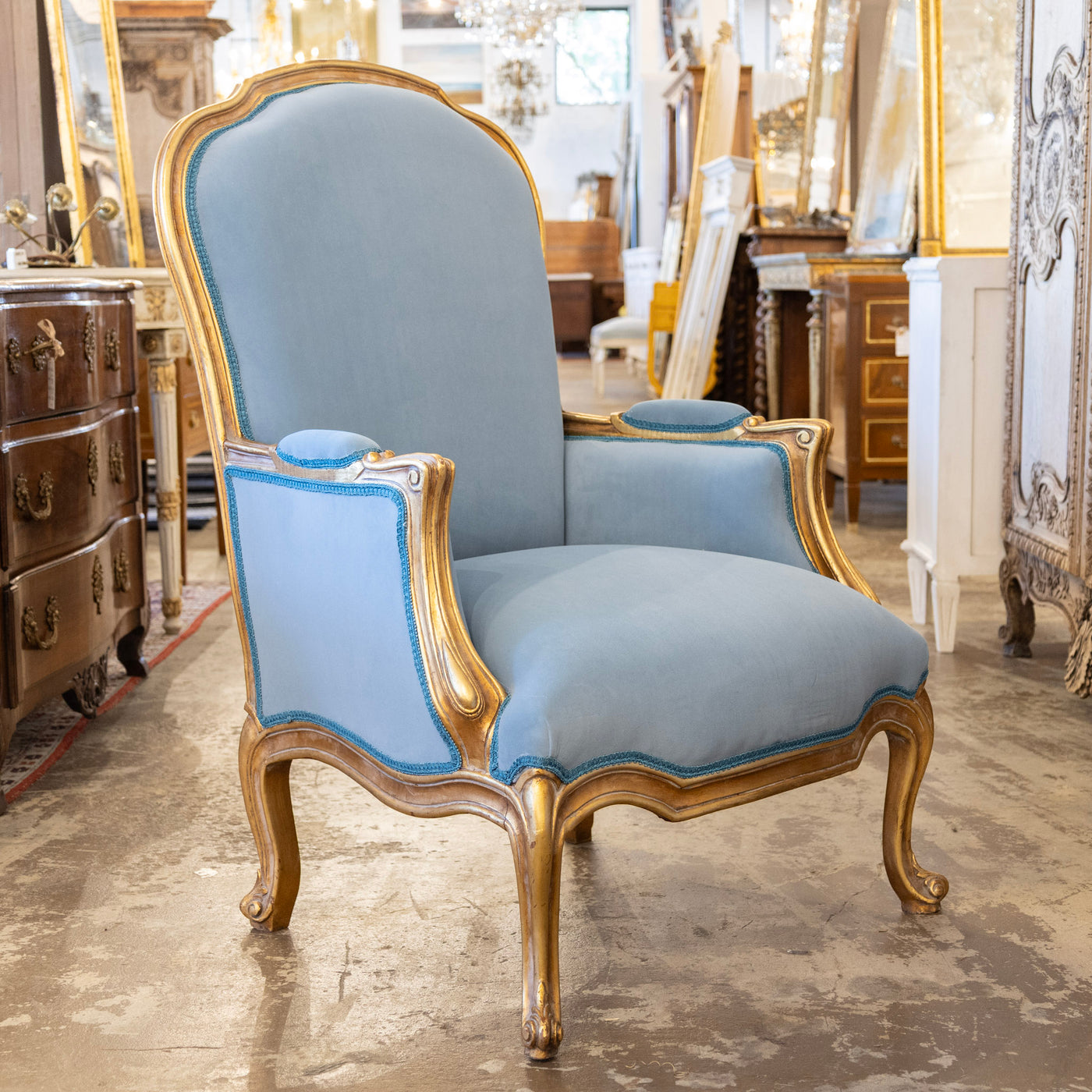 Louis XV Gilded Bergère Gilded Chair – Blue Velvet Upholstery - Bergère Chairs | Le Chateau (Atlanta, GA) • 2
