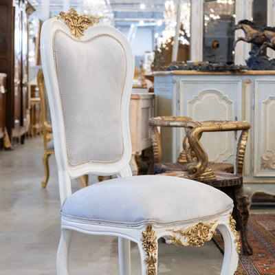 Grand Louis XV Style White & Gold Round Dining Chair – Grey Velvet Upholstery