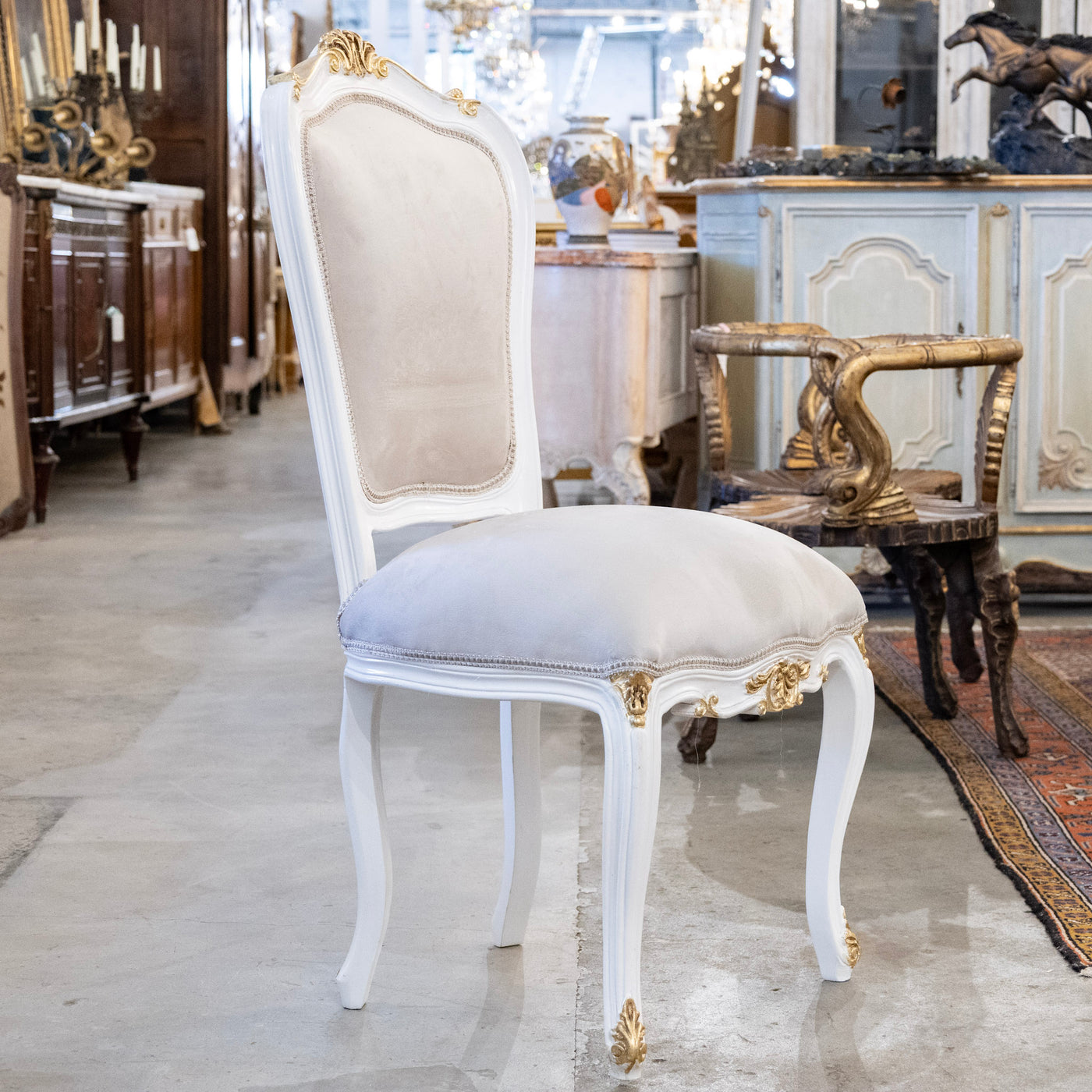 Louis XV Style White & Gold Round Dining Chair – Grey Velvet Upholstery