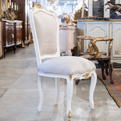 Louis XV Style White & Gold Round Dining Chair – Grey Velvet Upholstery