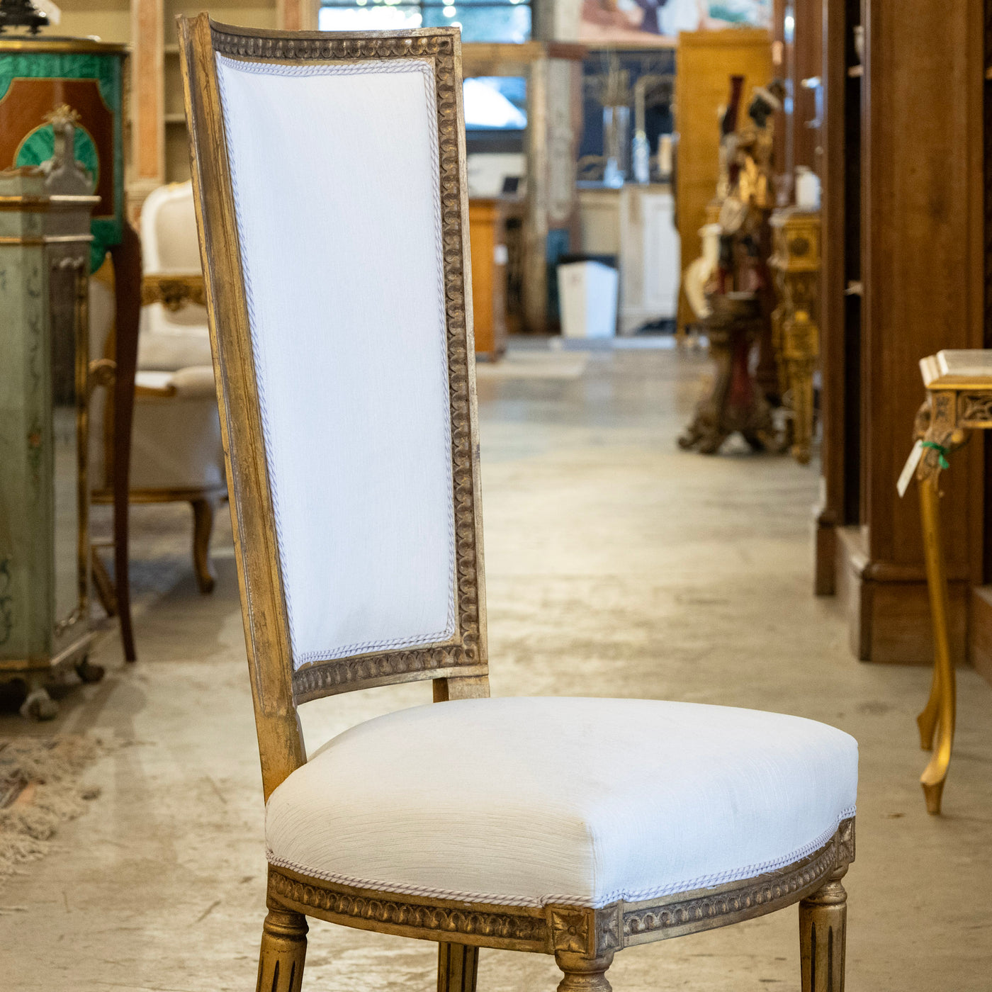 Louis XVI Tall Back Gilded Dining Chair – White Linen Upholstery