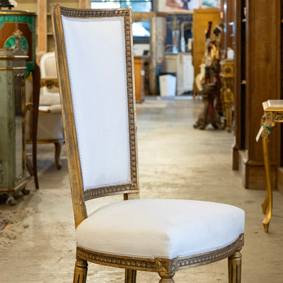 Louis XVI Tall Back Gilded Dining Chair – White Linen Upholstery