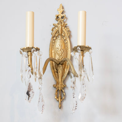 Pair of Louis XVI Gilded Brass Sconces – Carved Oval Backplate & Crystal Drops