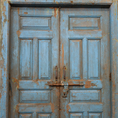 Blue Painted Double Doors – Distressed Finish with Stained Glass Transom - Door | Le Chateau (Atlanta, GA) • 4