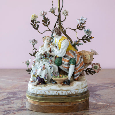 Pair of Porcelain Rococo Style Couple Lamps