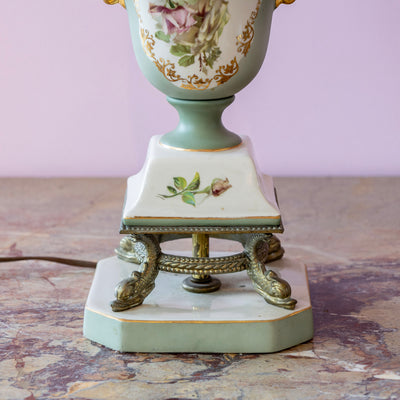 French Porcelain Lamp – Hand-Painted Roses & Pink Fringe Shade