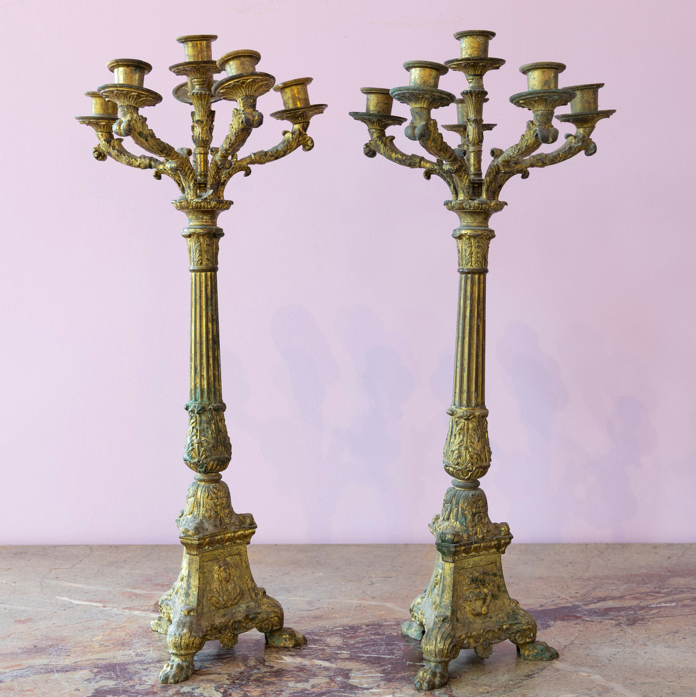Pair of French Gilded Bronze Candelabras – Empire Style with Patina