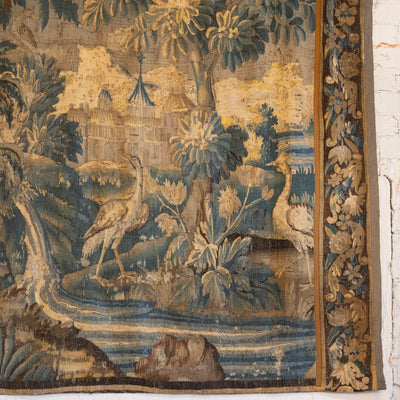 Antique French Flemish Tapestry – Handwoven Verdure Scene with Birds & Architecture