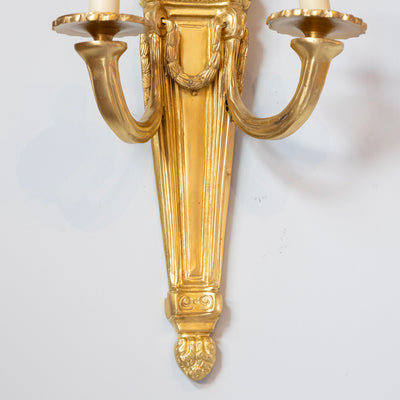 Pair of Louis XVI Gilded Wall Sconces – Carved Crest in Bright Gold