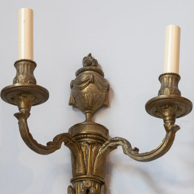 Pair of Louis XVI Dark Brass Wall Sconces – Urn Finial & Laurel Carvings