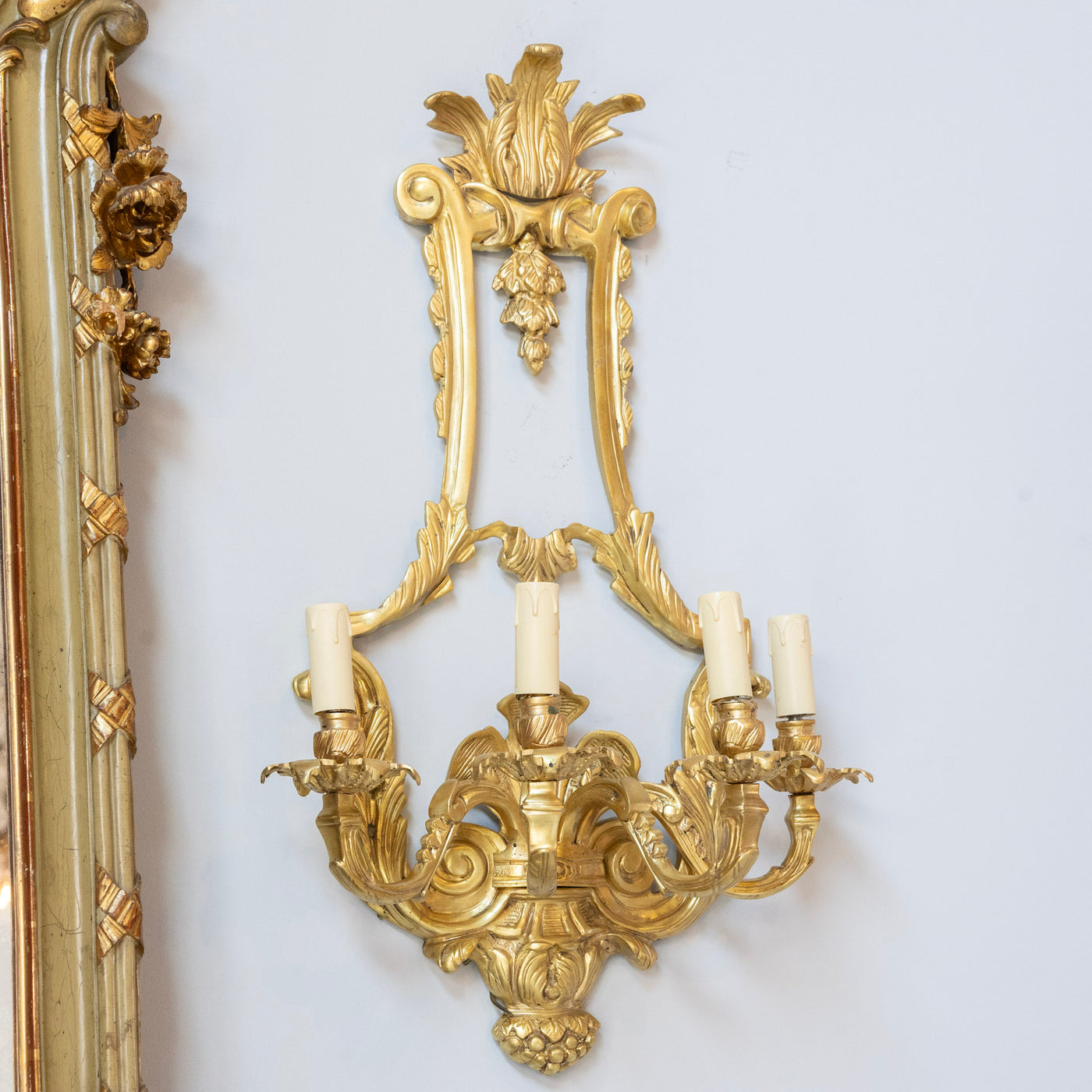 Pair Louis XVI Grand Gilded Wall Sconces – Bright Gold with Leaf Carvings - Wired Sconces | Le Chateau (Atlanta, GA) • 2