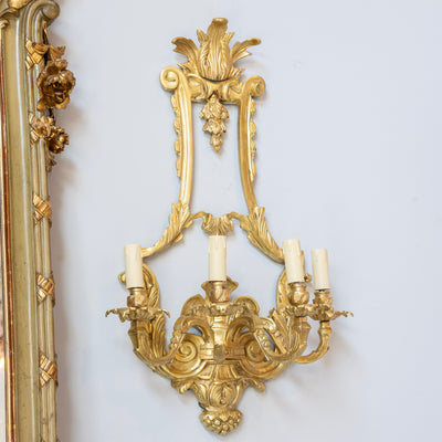 Pair Louis XVI Grand Gilded Wall Sconces – Bright Gold with Leaf Carvings - Wired Sconces | Le Chateau (Atlanta, GA) • 2