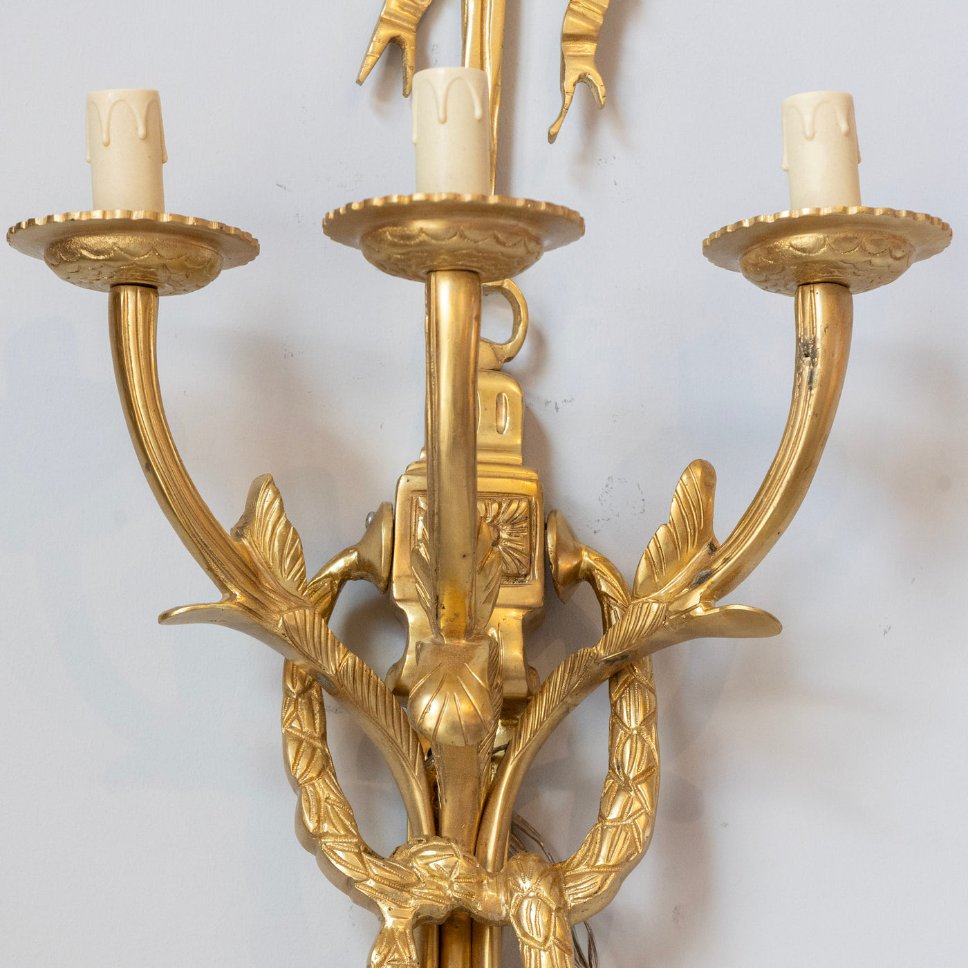 Pair of Louis XVI Grand Gilded Wall Sconces – Bright Gold with Bow Frame - Wired Sconces | Le Chateau (Atlanta, GA) • 6