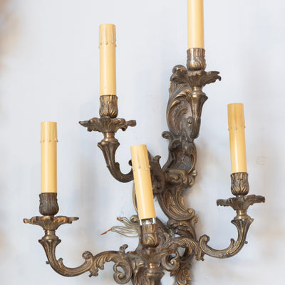 Pair of Louis XV Aged Brass Sconces – Rococo Scrollwork & Five Candle Arms - Wired Sconces | Le Chateau (Atlanta, GA) • 4