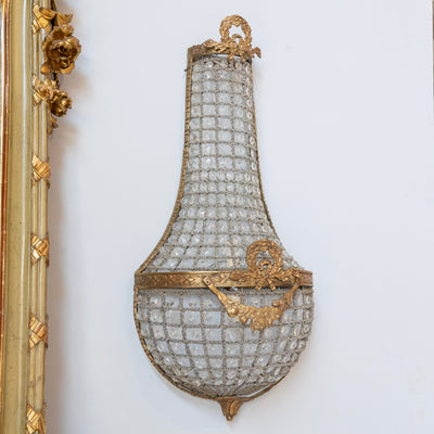 Pair of French Empire Crystal Basket Sconces – Gilded Bronze Trim