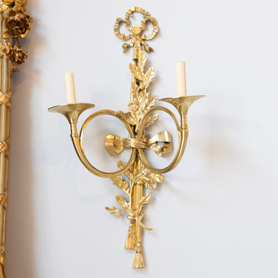 Pair of Louis XVI Brass Sconces – Bow Frame & Laurel Detailing - Wired Sconces | Le Chateau (Atlanta, GA) • 1