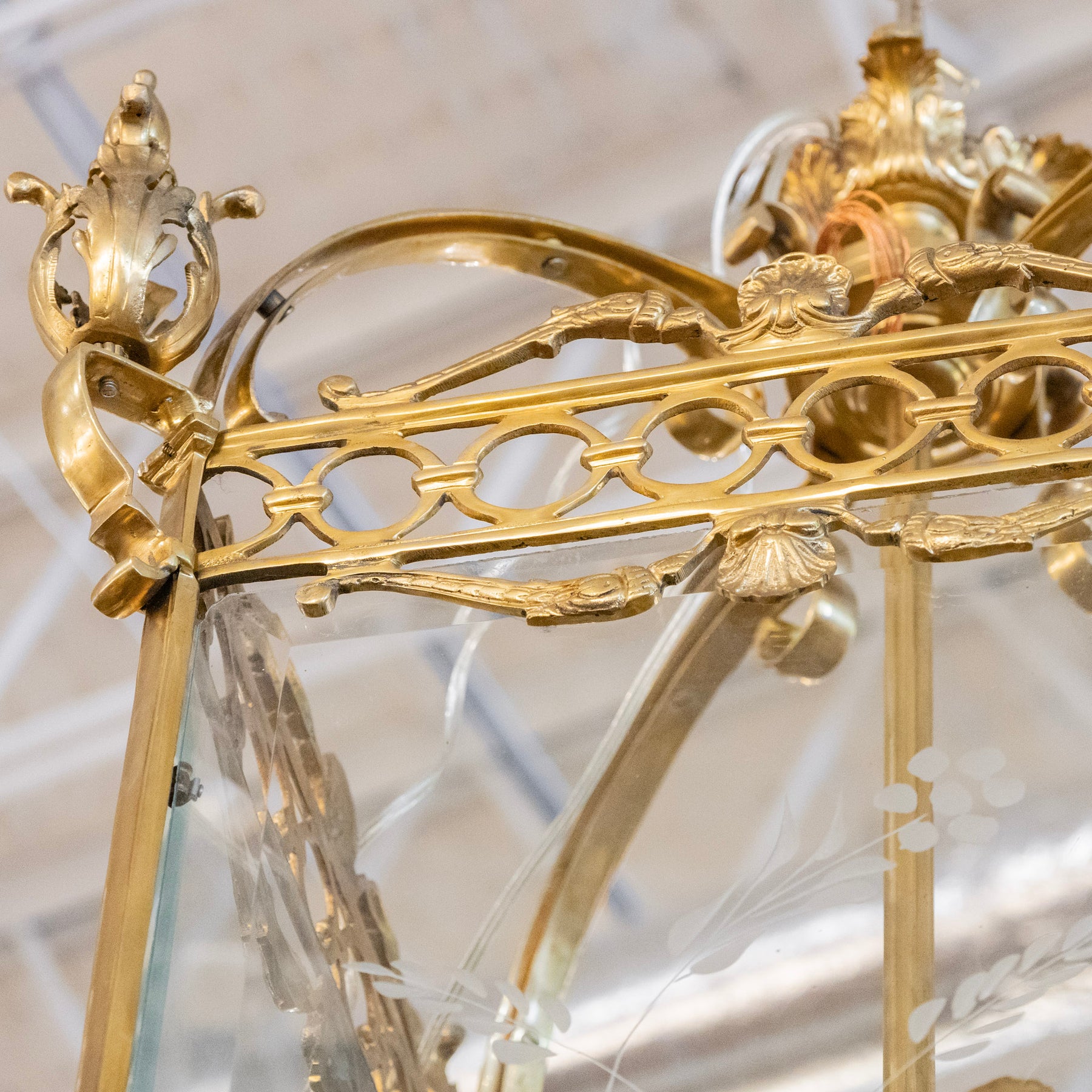 French Lantern Brass Chandelier – Etched Glass & Shell Crest – Le Chateau