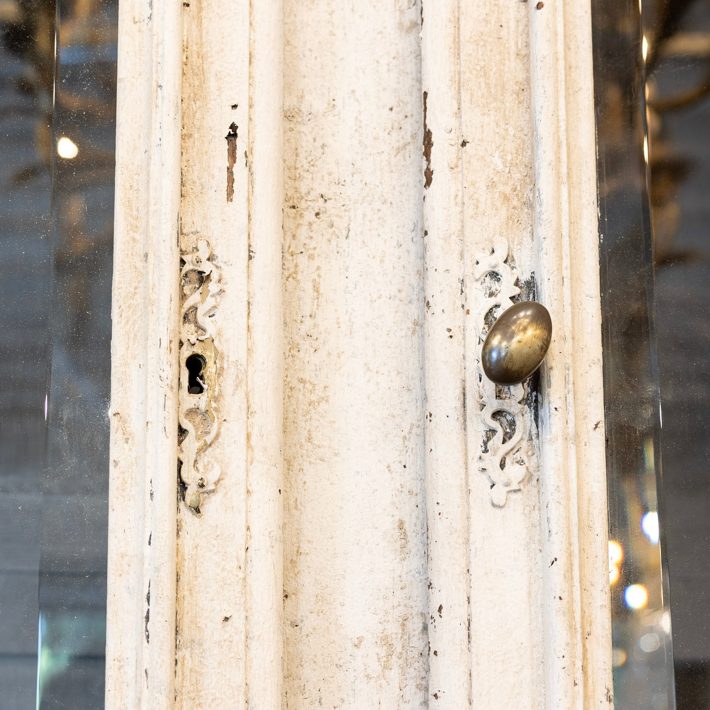 Louis XV Cupboard – Distressed White Finish & Clock Crest