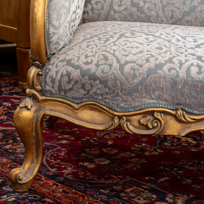Louis XV Gilded Sofa – Detailed Carvings & Blue Damask Upholstery
