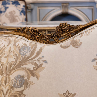 Louis XV Gilded Sofa – Carved Floral Frame & Cream Damask Upholstery